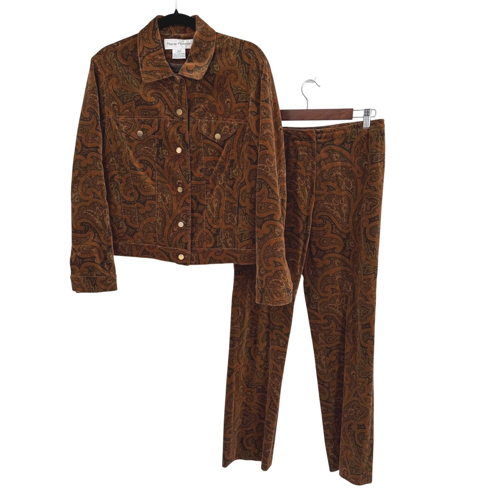 VTG Retro Y2K Rena Rowan Womens L Jacket Pants Suit Brown Paisley Velour Velvet